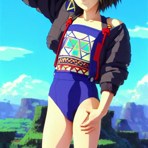 Image similar to beautiful boyish natalie portman gravure model in majora's mask, wearing big mayan bomber jacket with overalls and leotard, big bomber jacket with subtle mayan patterns, aztec bathing suit, gapmoe yandere grimdark, trending on pixiv fanbox, painted by greg rutkowski makoto shinkai takashi takeuchi studio ghibli, akihiko yoshida