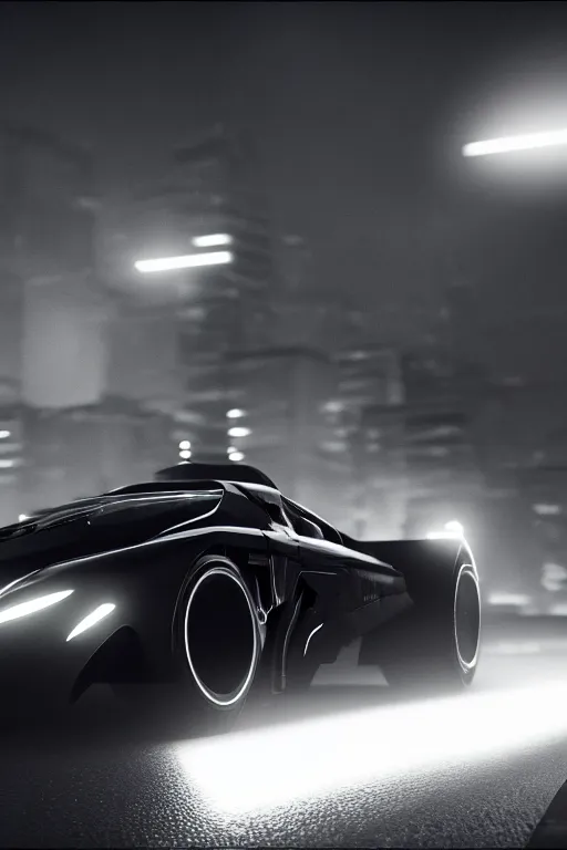 Image similar to the batmobile driving through gotham city at night. fluorescent light. pov from behind the wheel. octane render. 8 k. monochrome. black and white. mist. atmospheric. cinematic. hdr, raytracing, global illumination. a matte painting by ash thorp.