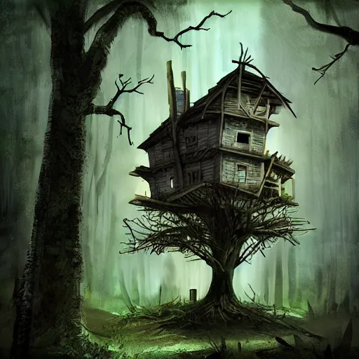 Image similar to post - apocalyptic dark liminal space dark paradise tree house, digital art, by pixar