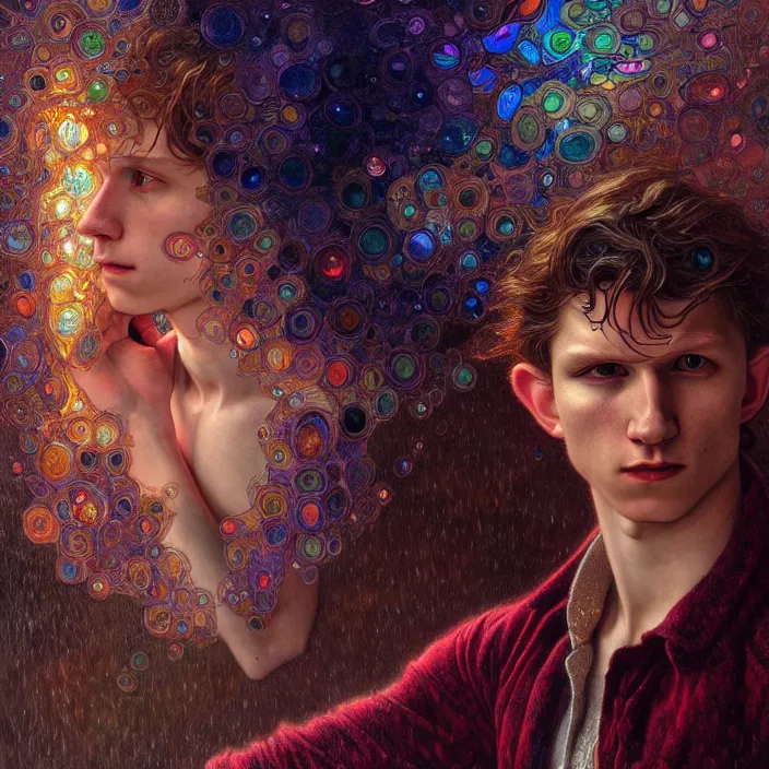 Image similar to psychedelic rainfall Tom Holland, diffuse lighting, fantasy, intricate, elegant, highly detailed, lifelike, photorealistic, digital painting, artstation, illustration, concept art, smooth, sharp focus, art by John Collier and Albert Aublet and Krenz Cushart and Artem Demura and Alphonse Mucha