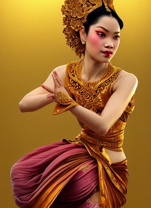 Prompt: javanese traditional dance, surealism, aesthetic, shiny, fantasy, intricate, elegant, extremely higly detailed, digital painting, artstation, face perfect, baroque, body perfect, concept art, octane render, cycles render, smooth, sharp focus, full body focus, illustration, digital painting, art by artgerm and greg rutkowski and alphonse mucha