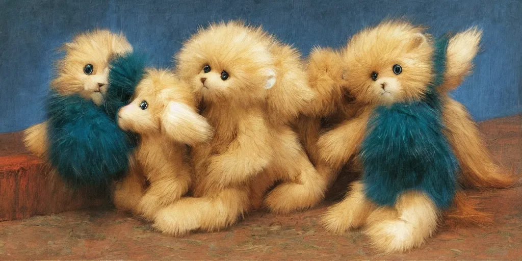 Prompt: 3 d precious moments plush animal, realistic fur, stuffed animal, teal, deep blue, storm, graves, night, master painter and art style of john william waterhouse and caspar david friedrich and philipp otto runge