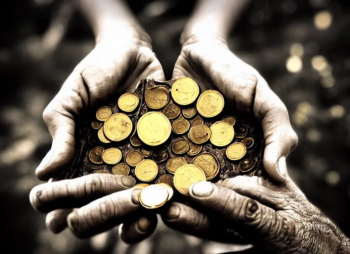 Image similar to old retro burnt out sepia photograph with scratches of an old and wrinkled hand with five fingers!! holding a few golden coins with royal engravings. magical forest in the background with bokeh. Antique. High quality 8k. Intricate. Sony a7r iv 35mm. Award winning. Zdzislaw beksinski style