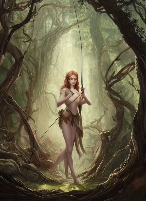 Prompt: A beautiful digital painting of a lovely princess in the mirkwood forrest holding a bow and arrow looking at the camera by Stanley Artgerm Lau, frank frazetta, Rossdraws, James Jean, gerald brom, Andrei Riabovitchev, Marc Simonetti, and Sakimichan, trending on artstation