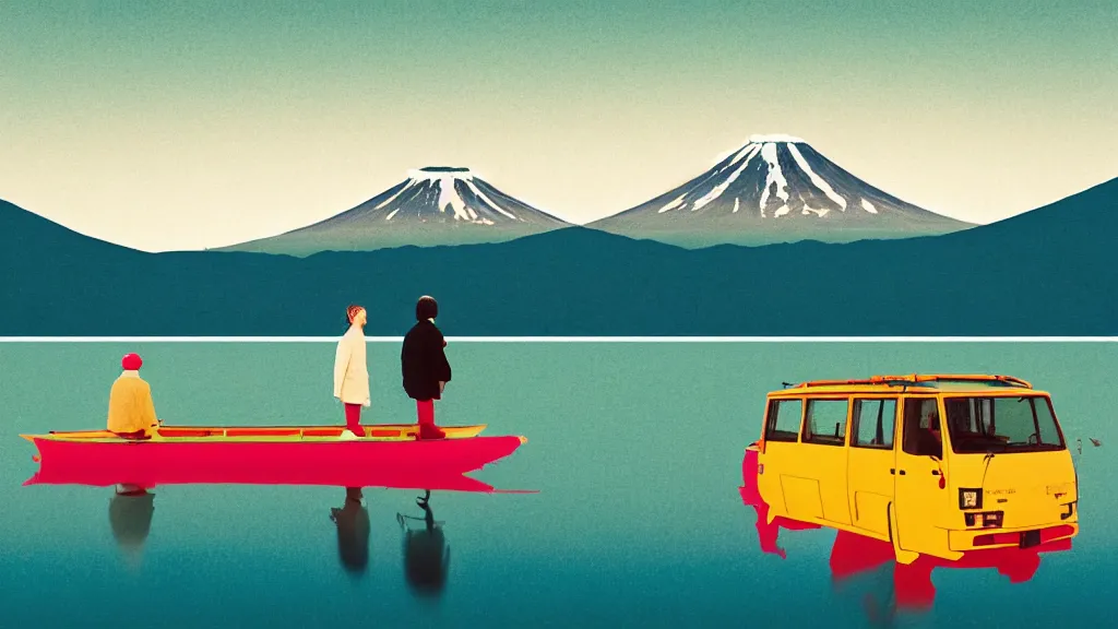 Prompt: a scene of two travellers and their campter touring at yamanaka lake, reflecting mount fuji, japan, a collage painting, in the style of wes anderson, lola dupre, david hockney, isolated on negative white space background dark monochrome neon spraypaint accents volumetric octane render