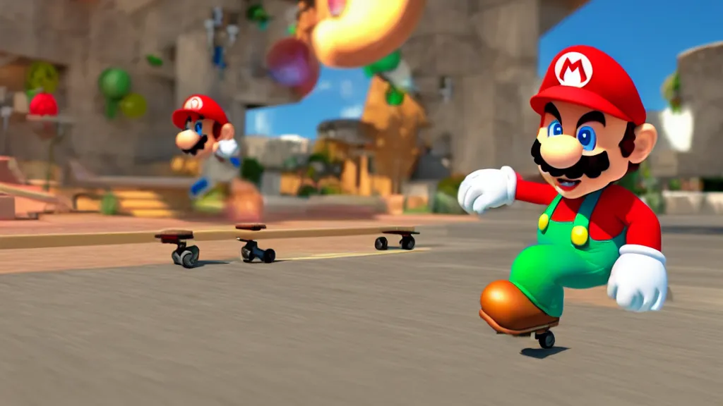 Image similar to super mario skateboarding, 3d render, video game screenshot, global illumination, ray tracing, hdr