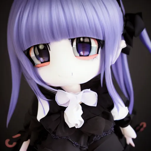 Image similar to cute fumo plush of a gothic maiden in a black on black uniform, laces and ribbons, soft shadow, anime girl, vray, symmetry, white frame