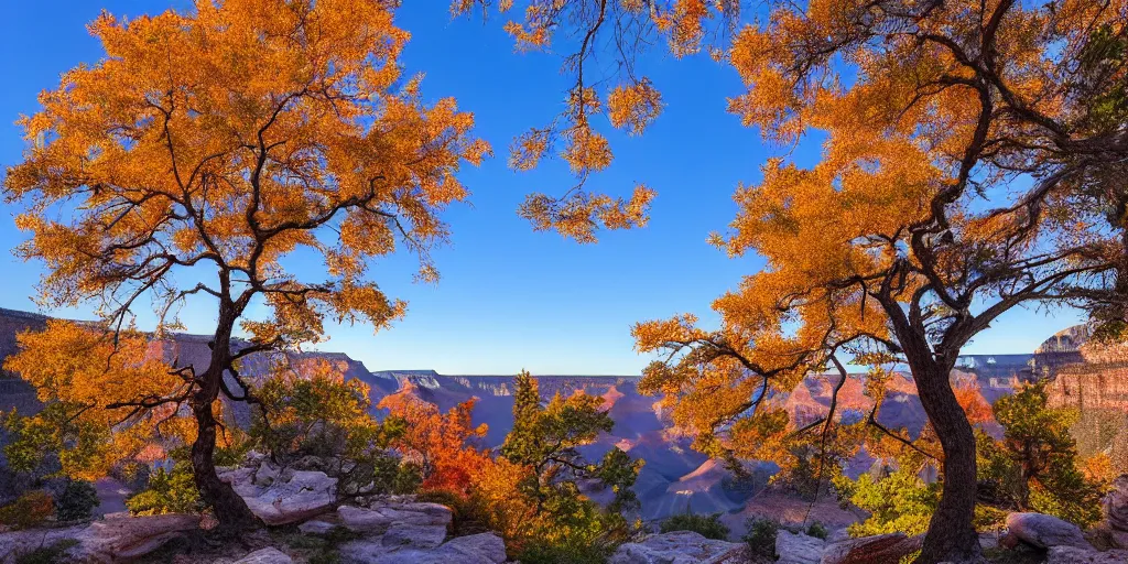 Prompt: single maple tree growing in grand canyon, stream, sunrise, highly detailed, masterpiece