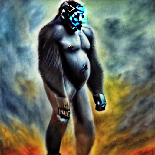 Prompt: powerful gorilla male monumental standing, epic atmosphere, cinematic, medium shot, painted by Piotr Jablonsky