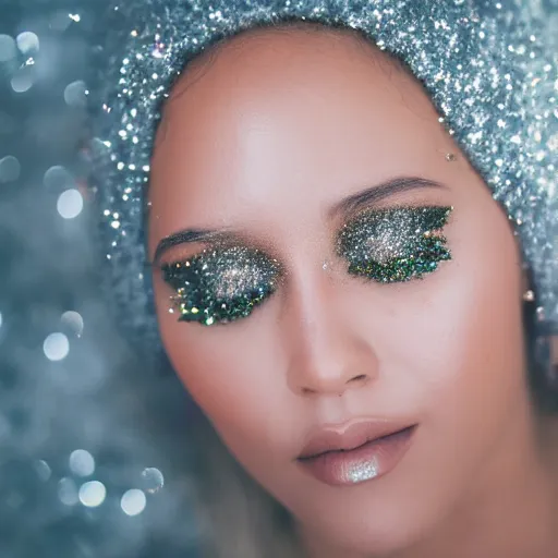 Image similar to Close-up of an angelic woman's face, wearing glitter. Photography, Canon.