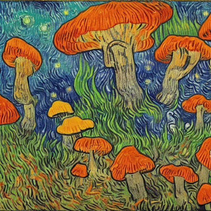 Prompt: a large cave lit by glowing mushrooms, colorful crystals grow from the ground, drawn with colored pencils, gloomy mood, by van gogh