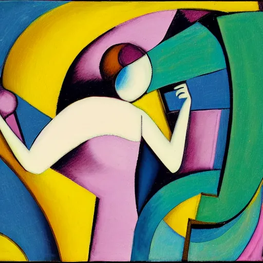 Prompt: woman dancing through time and space as ferns and spirals unfold before her feet, abstract art in the style of cubism and georgia o keefe,