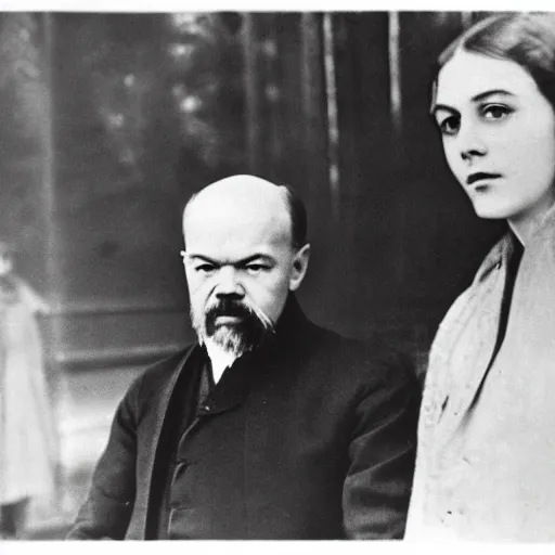 Image similar to Vladimir Lenin and his girlfriend, Princess Anastasia Romanov, photograph, 1919, paparazzi