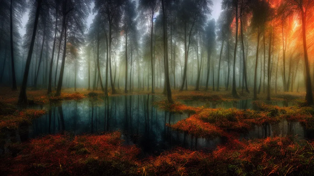 Prompt: amazing landscape photo of a dark forest with lake by marc adamus, beautiful dramatic lighting