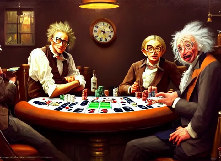 Image similar to playing poker in a saloon, Isaac Newton and Stephen Hawking and Albert Einstein, by Mandy Jurgens, trending on artstation, Richard Schmid and norman rockwell