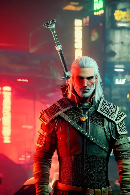 Image similar to geralt of rivia in cyberpunk 2 0 7 7, medium shot, background is filled with neon lights and futuristic vehicles, trending on artstation, ultra realistic, 4 k