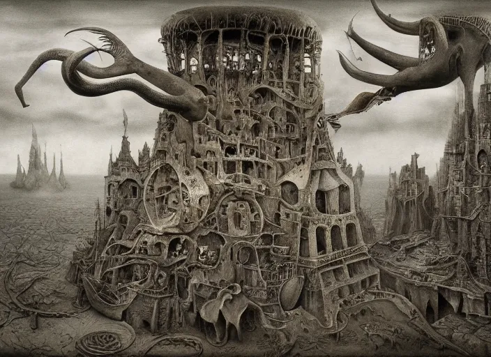 Image similar to matte painting in the style of hieronymus bosch, leonora carrington and zdzislaw beksinski : : intricate detailed study of a wild, psychedelic nightmare full of imaginary creatures : : interior view of a complex modern building : : ultra - detailed technical precision : : high definition 3 d render, unreal engine, 4 k, hi - res textures