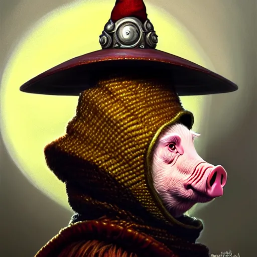 Image similar to rpg! profile!!! portrait of humanoid pig on white background, wizard hat, wizard cloak, surreal, vintage doll, intricate, highly detailed, digital painting, artstation, concept art, smooth, sharp focus, illustration, art by norman rockwell emiliano ponzi andrey remnev yoann lossel aaron jasinski, 8 k