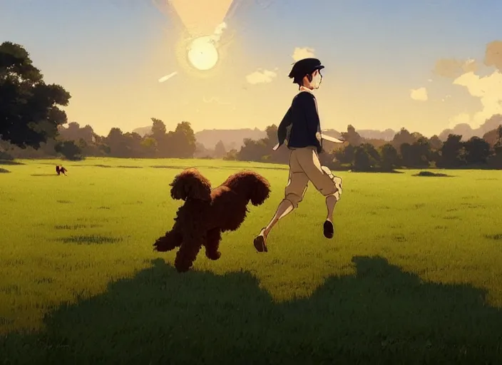 Image similar to france 1 9 2 0's, young adult running with his goldendoodle dog on a green meadow, golden hour, finely detailed perfect art, gapmoe yandere grimdark, trending on pixiv fanbox, painted by greg rutkowski makoto shinkai takashi takeuchi studio ghibli