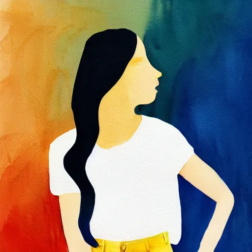 Image similar to a room full of beautiful house plants and a pretty caucasian woman with pale skin, long black hair with bangs, wearing shorts and t shirt, walking happily, abstract, golden light, beautiful watercolor art trending on artstation