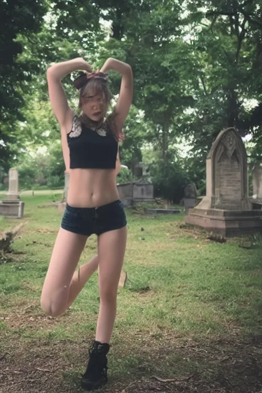 Image similar to egirl doing a shuffle dance in an abandoned graveyard, aesthetic!!! highly symmetric body parts, clean compostion, outdoor lighting
