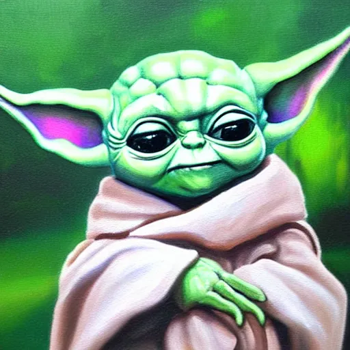 Prompt: painting of a cute baby yoda in the wilderness, in the style of a naturalist painter,