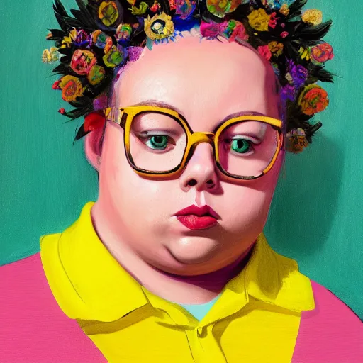 Prompt: colorful and festive cute young plus size todd solondz with tan skin, clear sharp todd solondz face, wearing yellow floral blouse. full body, rich vivid pastel colors, ambient lighting, dynamic lighting, 4 k, atmospheric lighting, painted, intricate, highly detailed by francis bacon and charlie bowater and jenny saville