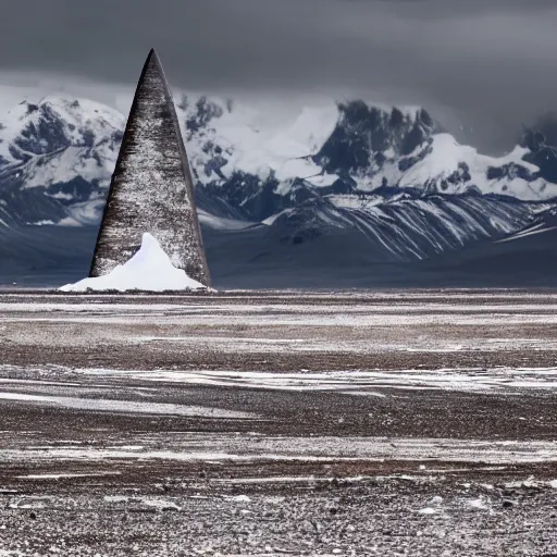 Prompt: a artic desert with snow capped mountains and a floating obelisk. overcast sky, grainy, snowing.