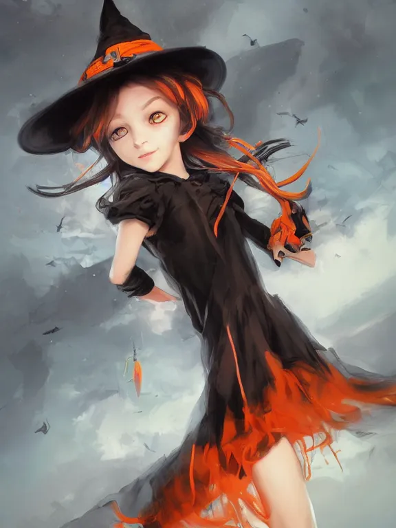 Image similar to Full shot of a cute mischievous young witch about to get up to some trouble. Latin American fashion. Black and Orange palette. Latina girl. From Encanto. By Ruan Jia and Artgerm and Range Murata and WLOP and CLAMP and Loish. Key Art. Fantasy Illustration. award winning, Artstation, intricate details, realistic, Hyperdetailed, 8k resolution.