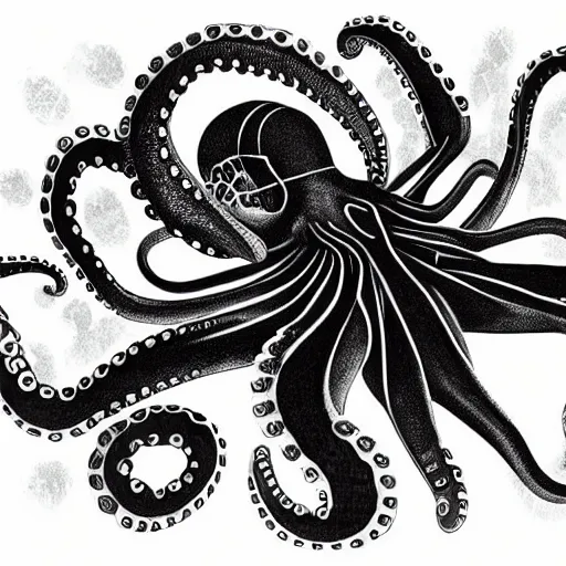 Image similar to a cross between a cat and an octopus, realistic, detailed, black and white illustration