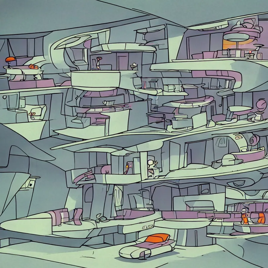 Prompt: concept art of jetsons cartoon scenario of a brutal house architecture indoor