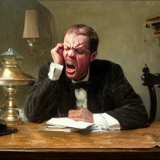 Image similar to an angry man yells at his computer monitor, oil on canvas, 1 8 8 3, highly detailed