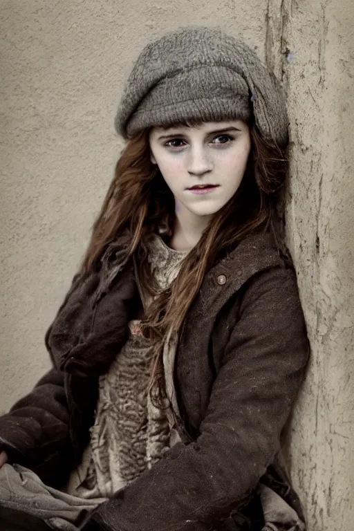 Prompt: Photo of Native Russian woman Emma Watson, portrait, skilled homeless, realistic, detailed, Emma Watson, photorealism, Sony A7R