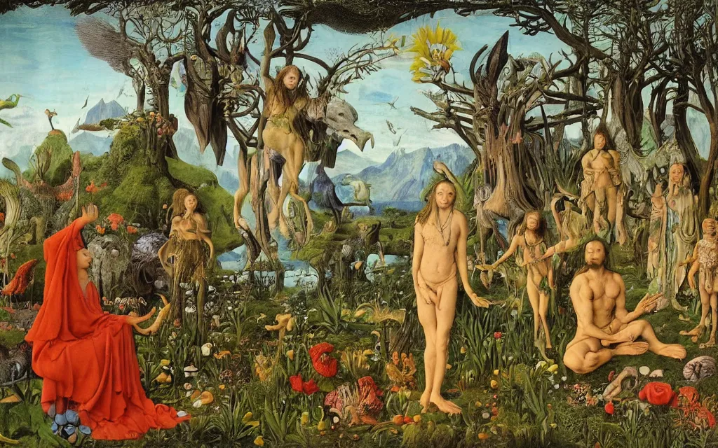 Image similar to a photograph of a meditating centaur shaman and a harpy mermaid feeding animals. surrounded by bulbous flowers, a few trees and wild animals. river delta with mountains and cliffs under a blue sky full of burning stars and birds. painted by jan van eyck, max ernst, ernst haeckel, ernst fuchs and artgerm. trending on artstation