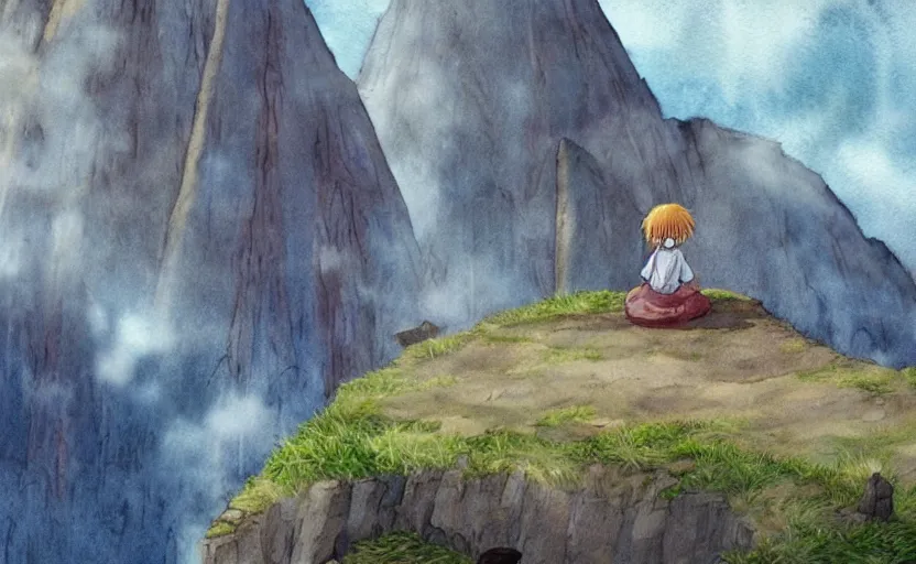 Image similar to a realistic and atmospheric watercolor from howl's moving castle ( 2 0 0 4 ) of a witch meditating in machu pichu. very dull muted colors, hd, 4 k, hq