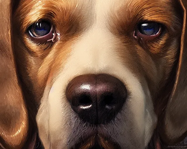 Image similar to close up highly detailed dog face, deep focus, d & d, fantasy, intricate, elegant, highly detailed, digital painting, artstation, concept art, matte, sharp focus, illustration, hearthstone, art by artgerm and greg rutkowski and alphonse mucha