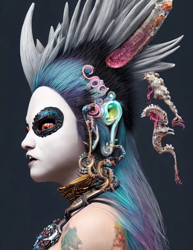 Image similar to 3 d goddess close - up profile portrait punk with mohawk with ram skull. beautiful intricately detailed japanese crow kitsune mask and clasical japanese kimono. betta fish, jellyfish phoenix, bio luminescent, plasma, ice, water, wind, creature, artwork by tooth wu and wlop and beeple and greg rutkowski