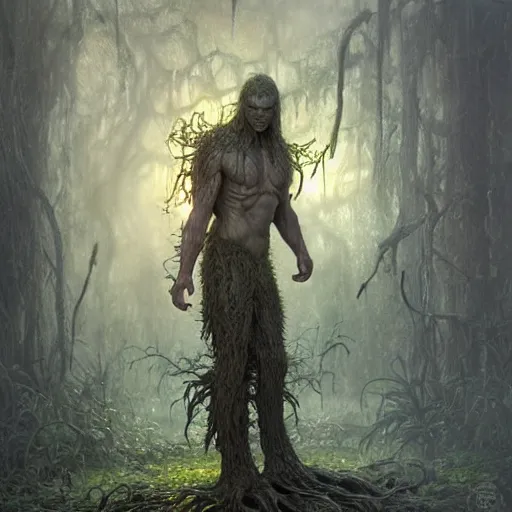 Prompt: swamp thing at dusk, misty athmosphere, no tail, ultra realistic, concept art, intricate details, eerie, highly detailed, photorealistic, octane render, 8 k, unreal engine. art by ed blinkley andartgerm and greg rutkowski and alphonse mucha