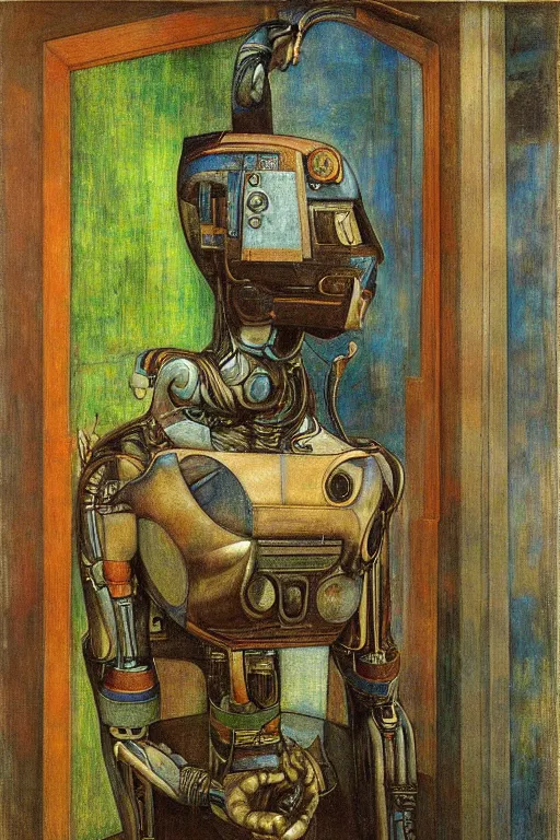 Image similar to the robot wearing his electric crown stands by the window , by Annie Swynnerton and Diego Rivera and Elihu Vedder, symbolist, dramatic lighting, elaborate geometric ornament, Art Brut, soft blues and greens,smooth, sharp focus, extremely detailed, Adolf Wölfli and Evelyn De Morgan