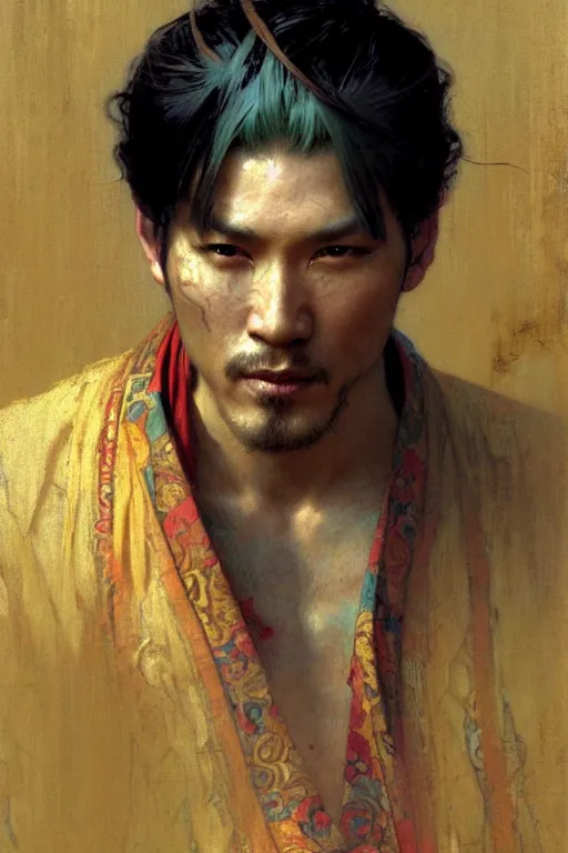 Image similar to attractive man, tang dynasty, cool colors, painting by gaston bussiere, craig mullins, greg rutkowski, alphonse mucha