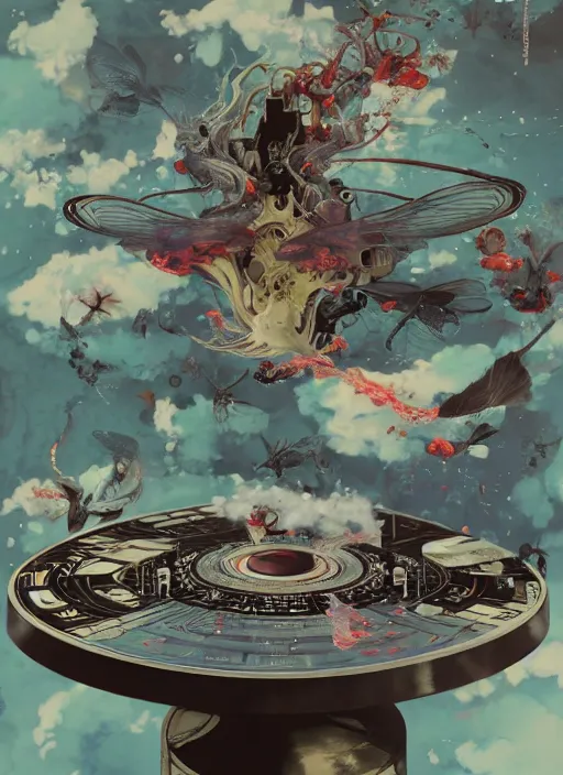 Image similar to surreal gouache painting, by yoshitaka amano, by ruan jia, by Conrad roset, by good smile company, detailed anime 3d render of a chemical flying Vinyl records close to the DJ Mixer, deck surrounded by chemical Dragonflies, Vinyl records, controller, portrait, cgsociety, artstation, rococo mechanical and Digital and electronic, dieselpunk atmosphere