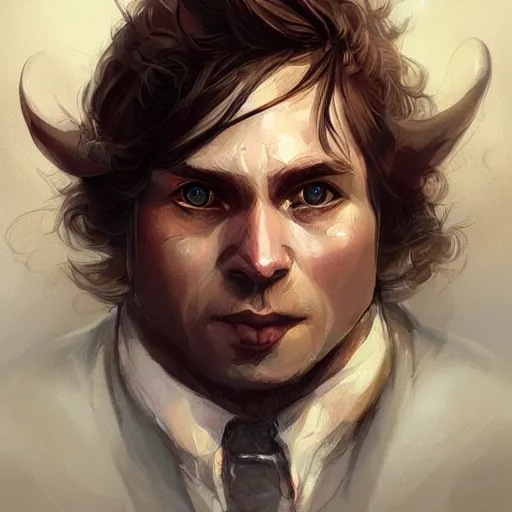 Image similar to Brown haired halfling oil portrait, middle aged, dandy elegant fop diminutive by Anato Finnstark, Tony Sart highly detailed, artgerm, digital illustration, concept art