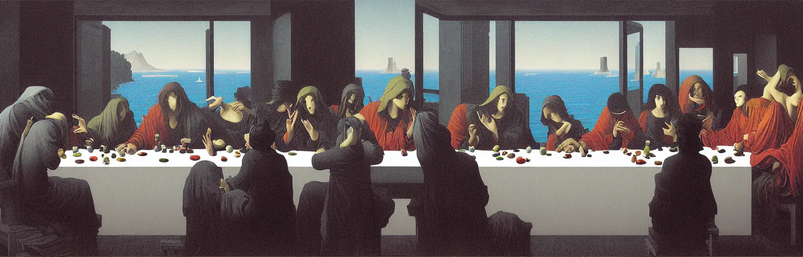 Image similar to colorful!!! the last supper by rene magritte, cyberpunk, kanagawa wave by laurie greasley and bouguereau, ( ( etching by gustave dore ) ), ultraclear intricate, sharp focus, highly detailed digital painting illustration, concept art, masterpiece