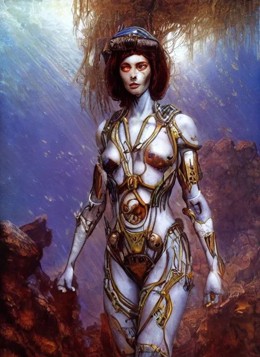 Image similar to biblical daemonic bautiful cyborg girl with glowing veins, shoulder pads, on planet jupiter, underwater photography, by gerald brom, by mikhail vrubel, by peter elson, muted colors, extreme detail, trending on artstation, 8 k