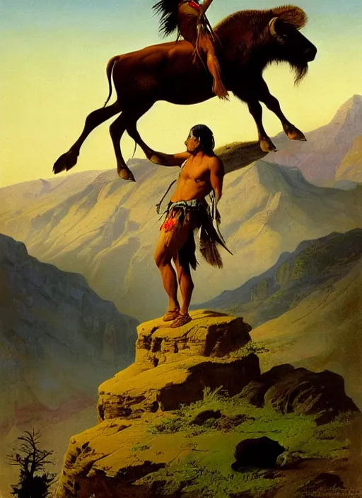 Image similar to native american riding bison, buffalo, native american warrior, mountain range, beautiful sky, standing on the edge of a cliff, 1 9 th century, painted by frazetta