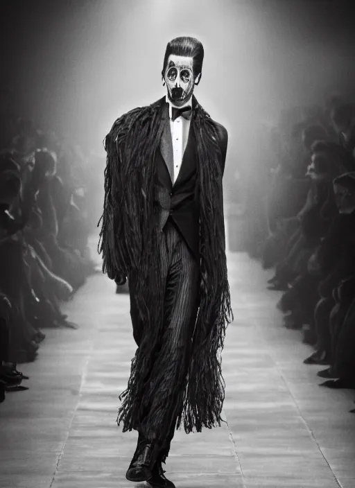 Image similar to hyperrealistic and heavy detailed yves saint laurent runway show of gomez addams, leica sl 2 5 0 mm, vivid color, high quality, high textured, real life, noise film photo