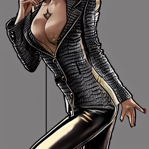 Image similar to yakuza slim girl, gold suit jacket in snake print, jacket over bare torso, yakuza tattoo on body, black short curtain haircut, black leather pants with black belt, elegant, 2d, ultra highly detailed, digital painting, smooth, sharp focus, artstation, art by Ilya Kuvshinov