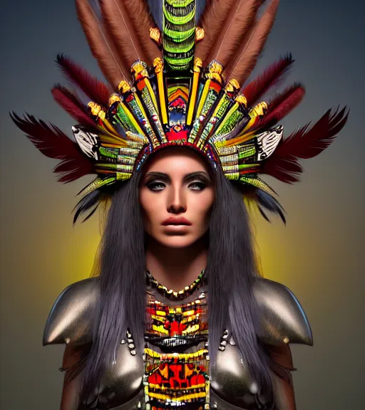 Image similar to character design, aztec warrior goddess with beautiful woman face, crown of very long feathers, full body, glowing aztec tattoos, beautiful, dark fantasy, super - resolution, ultra - hd, 1 0 8 0 p, vray