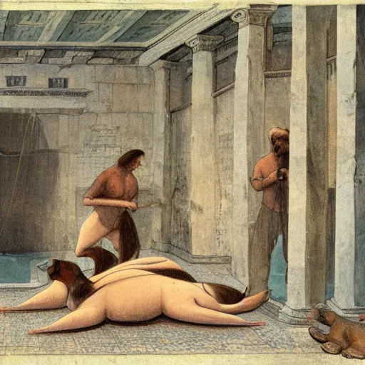 Image similar to a walrus with two tails laying in a old roman bathhouse