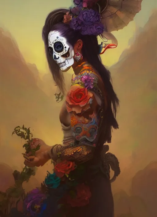 Image similar to portrait of dia de muertos, extremely detailed digital painting, in the style of fenghua zhong and ruan jia and jeremy lipking and peter mohrbacher, mystical colors, rim light, beautiful lighting, 8 k, stunning scene, raytracing, octane, trending on artstation